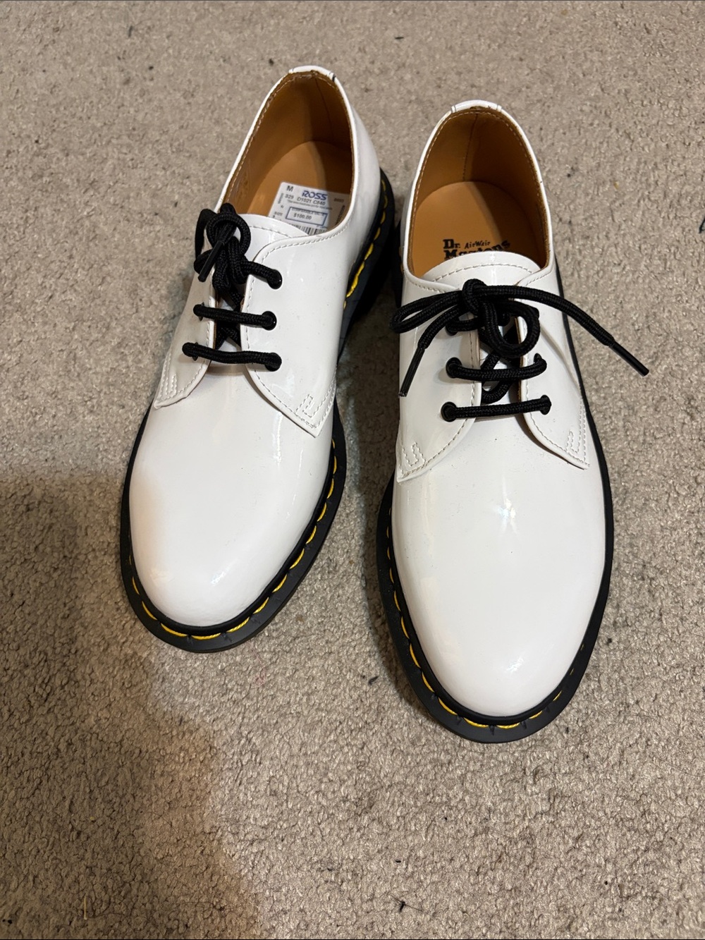New Dr. Martens White Patent Lace-Up Oxfords with Black Laces